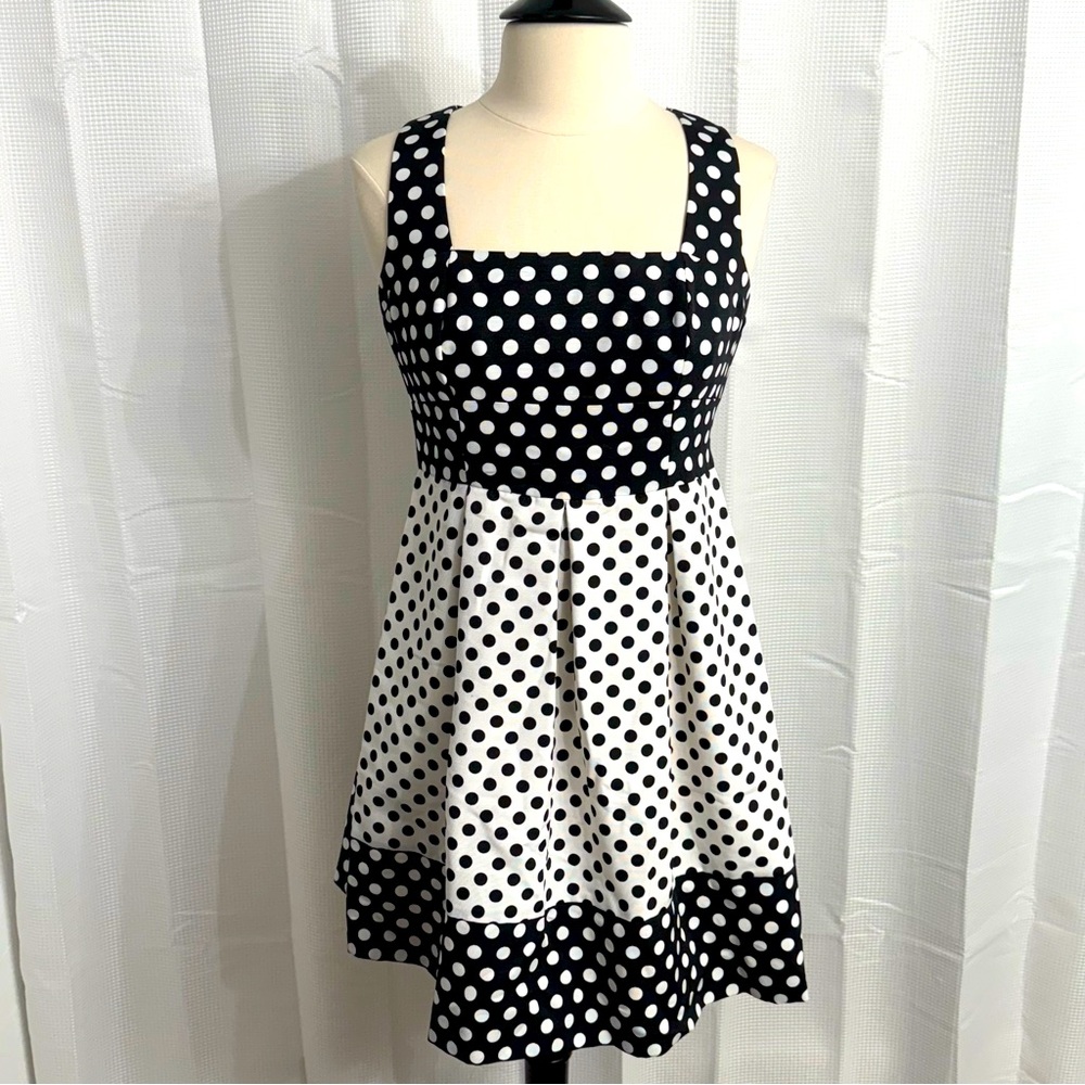 Ivy + Blu Fit & Flare Pleated Cocktail Party Dress, Black/White Polk a Dot, Sz 6
